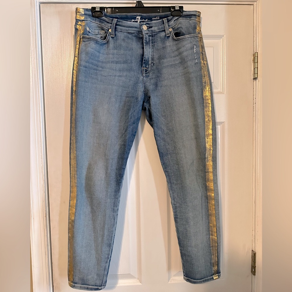 7 for All Mankind Jeans with Gold Metallic tuxedo stripe. Ankle crop denim.